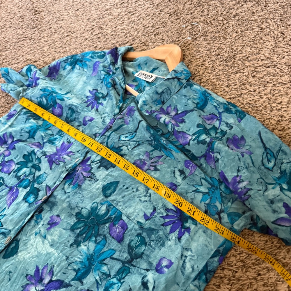 Chico's Design Silk Button Down Women 1x Teal Purple Floral Vintage Art Shirt - Picture 5 of 6